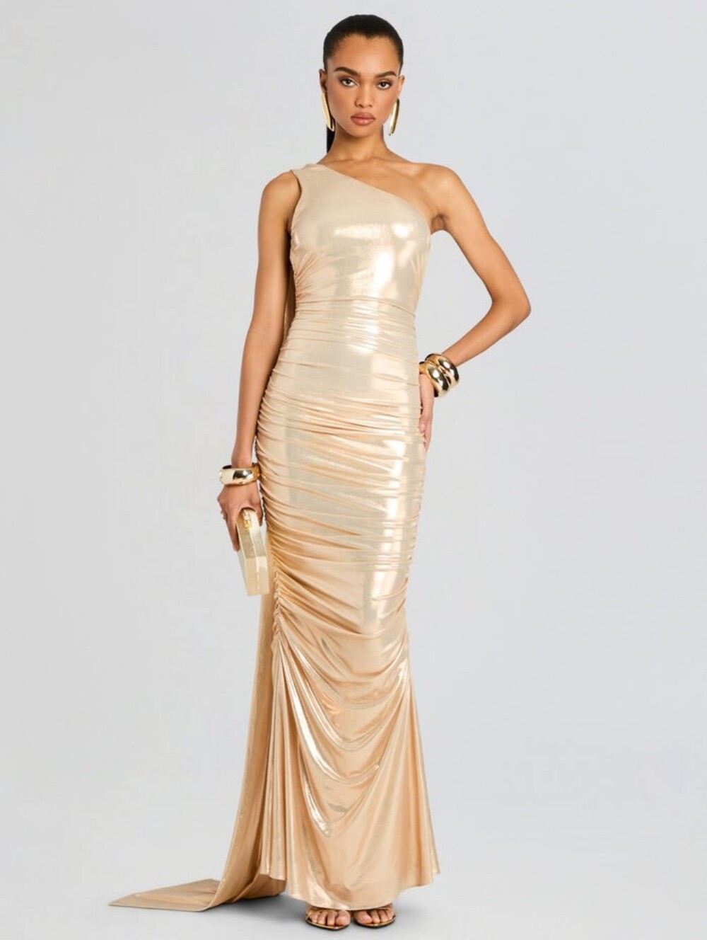 Retrofete Shannon One Shoulder Draped Lame Maxi Dress Latte Large - Picture 4 of 10
